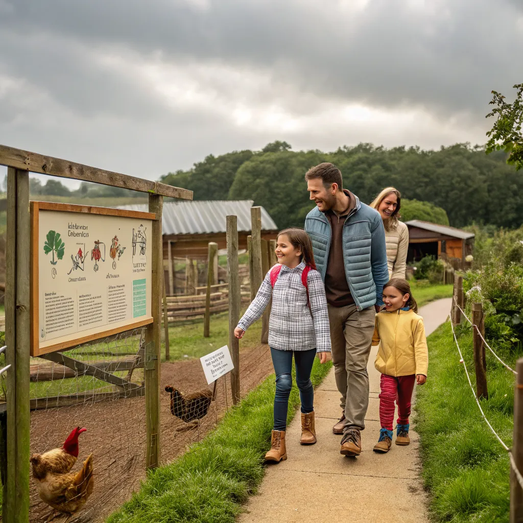 Family enjoying chicken farm adventure trail