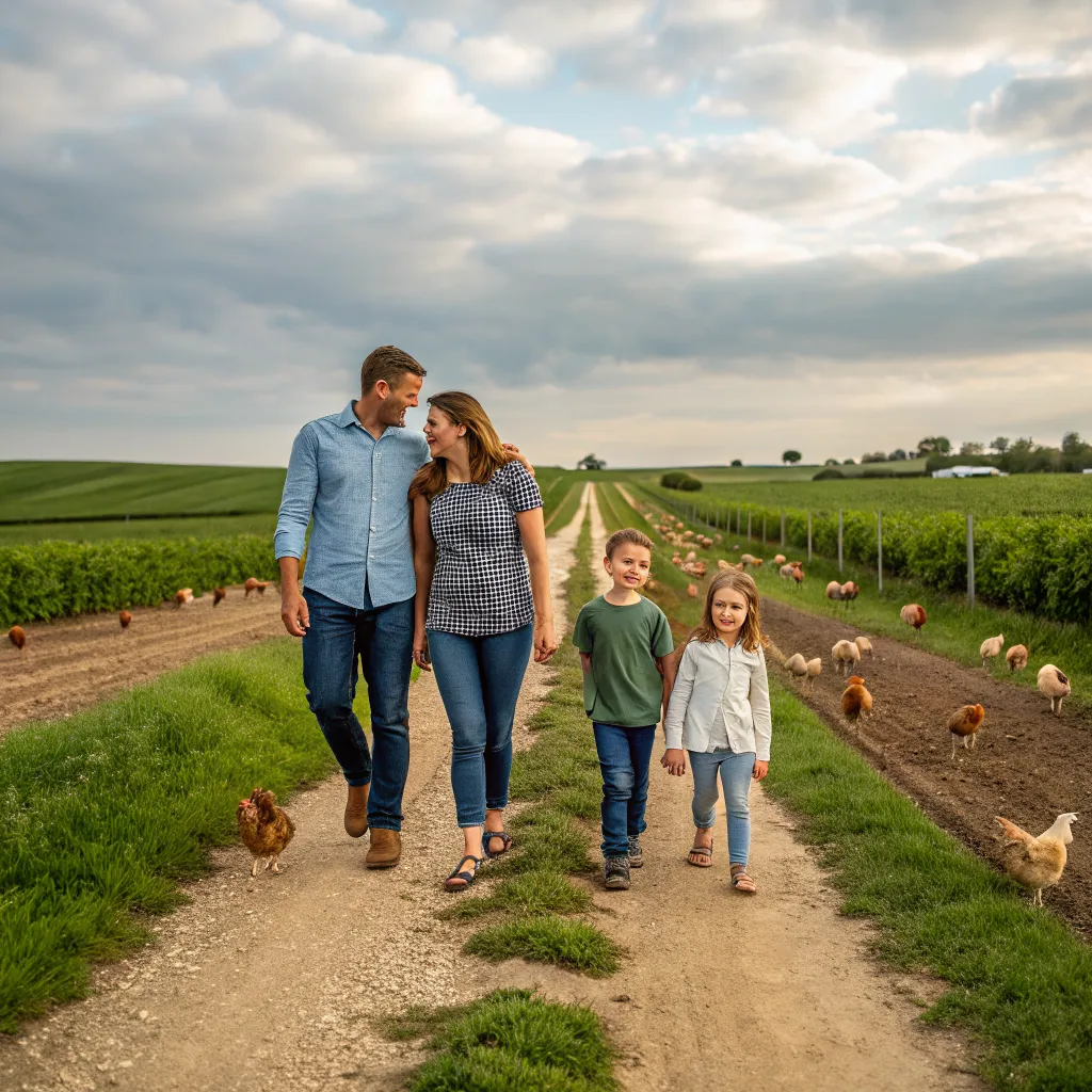 Family enjoying chicken farm trail
